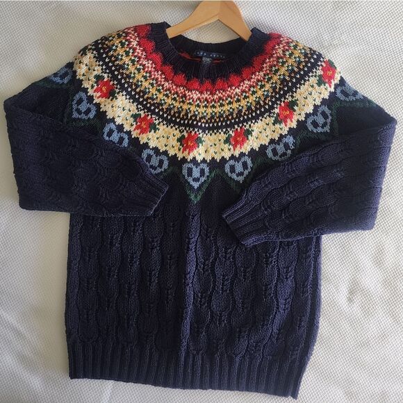 Birch Bros Navy Blue Fair Isle Sweater colored neckline oversized fisherman - Picture 1 of 12